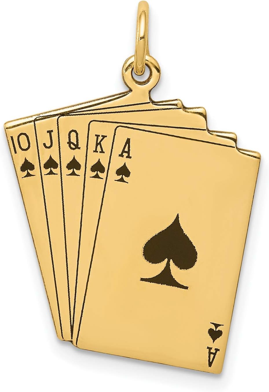14k Yellow Gold Enameled Royal Flush Playing Cards Charm, Poker Pendant | 26 x 18 mm size, black enamel accents, polished solid flat-back design, themed poker card charm