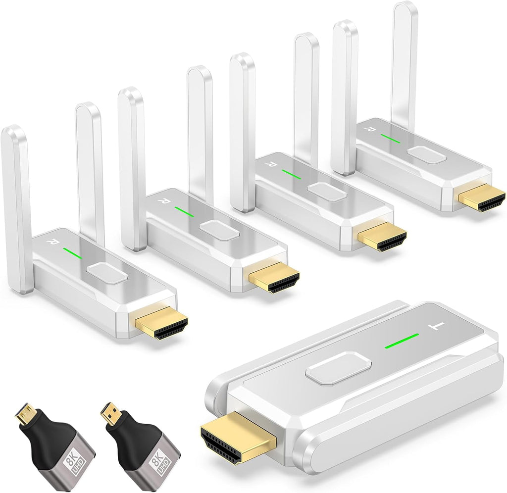 Wireless HDMI Transmitter and 4 Receivers, Up to 6 RXs,No Hot, 150M/500FT, Plug & Play,2.4/5GHz Wirelessly Casting Content to Multiple Screens, Wireless HDMI Splitter for TV/Projector/Laptop (Sliver)