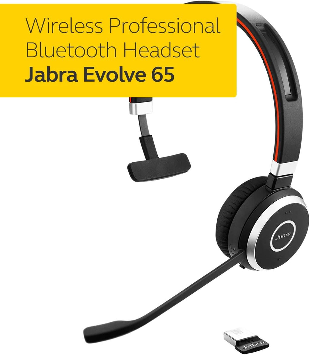 Jabra Evolve 65 UC Wireless Headset, Mono – Includes Link 370 USB Adapter – Bluetooth Headset with Industry-Leading Wireless Performance, Passive Noise Cancellation, All Day Battery