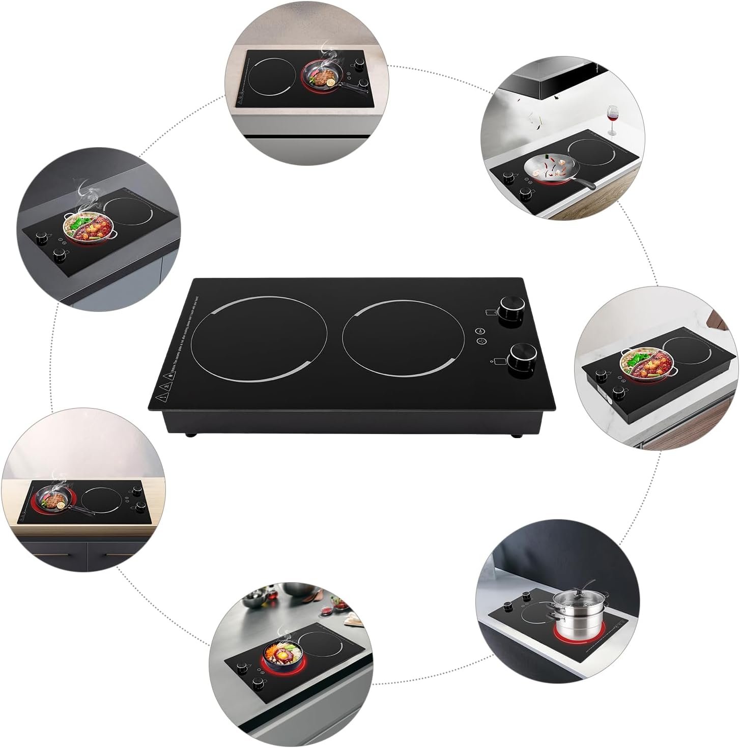 Electric Cooktop, Double Induction cooktop 110-120V Desktop and Built-In Stove Top with Timer & Knob Control, 2100W Ceramic Cooker Heater with 9 Power Levels for Kitchen Cooking