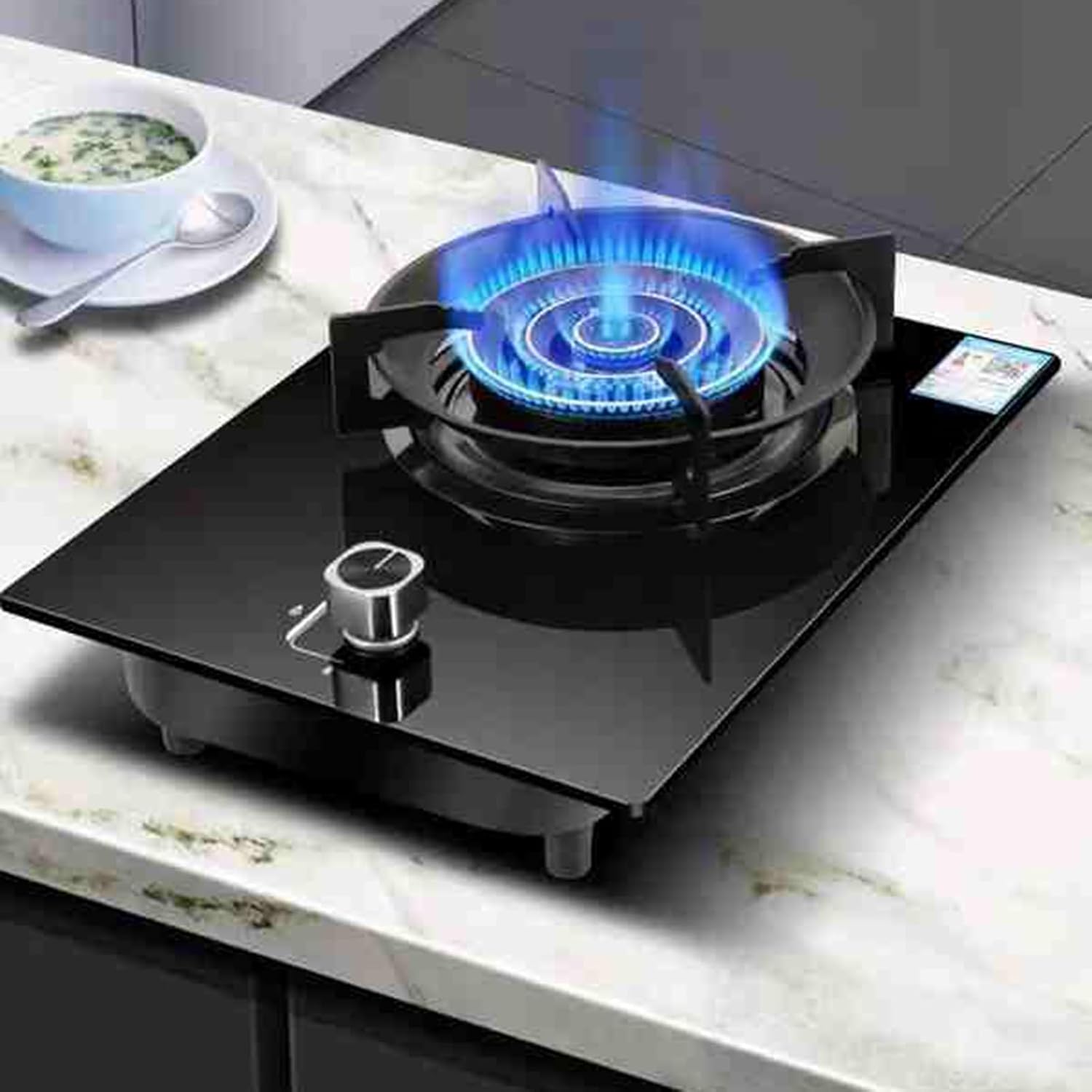 Gas Stove with 1 Burner,5.2KW Kitchen Counter Top Stove,Tempered Glass Cast Iron Pot Rack,with Flameout Protection,for Home Kitchen(LPG)