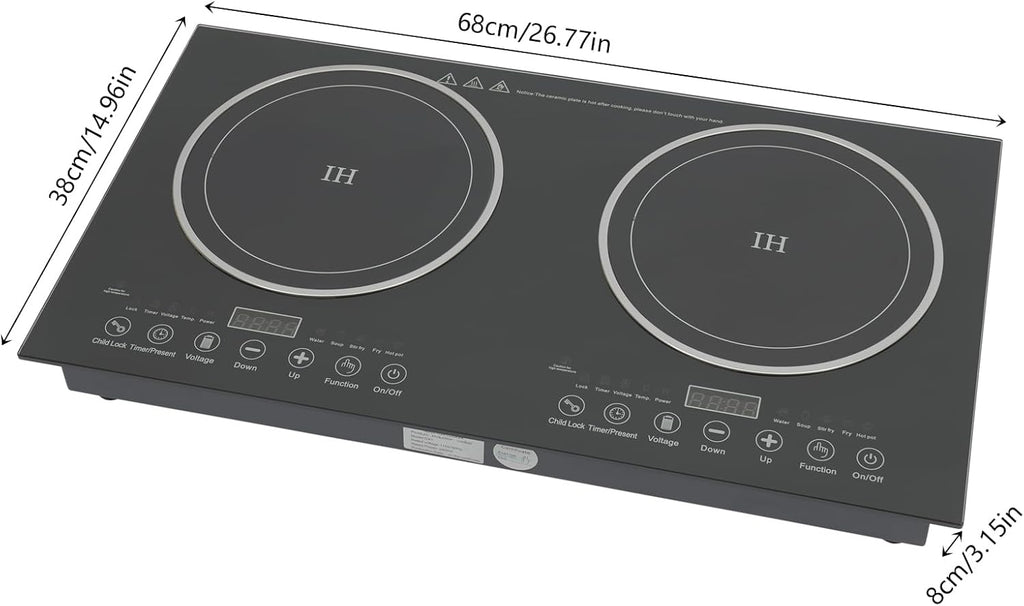Portable Induction Cooker Cooktop Countertop Double Burner Independent Control, 1200W+1200W Low Noise Electric Cooktops 110V Induction Cooker Heater with 8 Gear Firepower for Kitchen Cooking