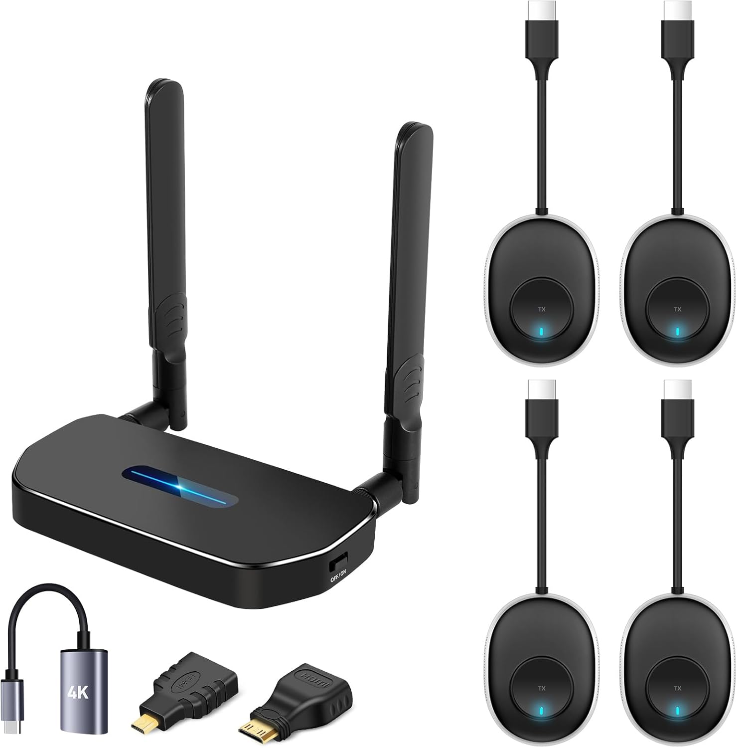 Wireless Hdmi Transmitter and Receiver 4k. One Receiver and Four Transmitter,Switch at Will,165FT/50M VGA Dual Screen Casting Video Audio from PC/Laptop/Netfix/TikTok to Monitor,Projector Equipment