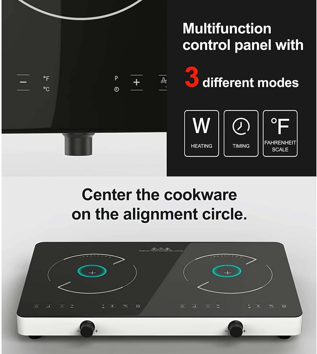 Electric Cooktop, Portable Induction Cooker with 2 Independent Controls, 100°F-575°F Temperature Adjustment, 1300W - Multiple Power Levels, 240Min Timer
