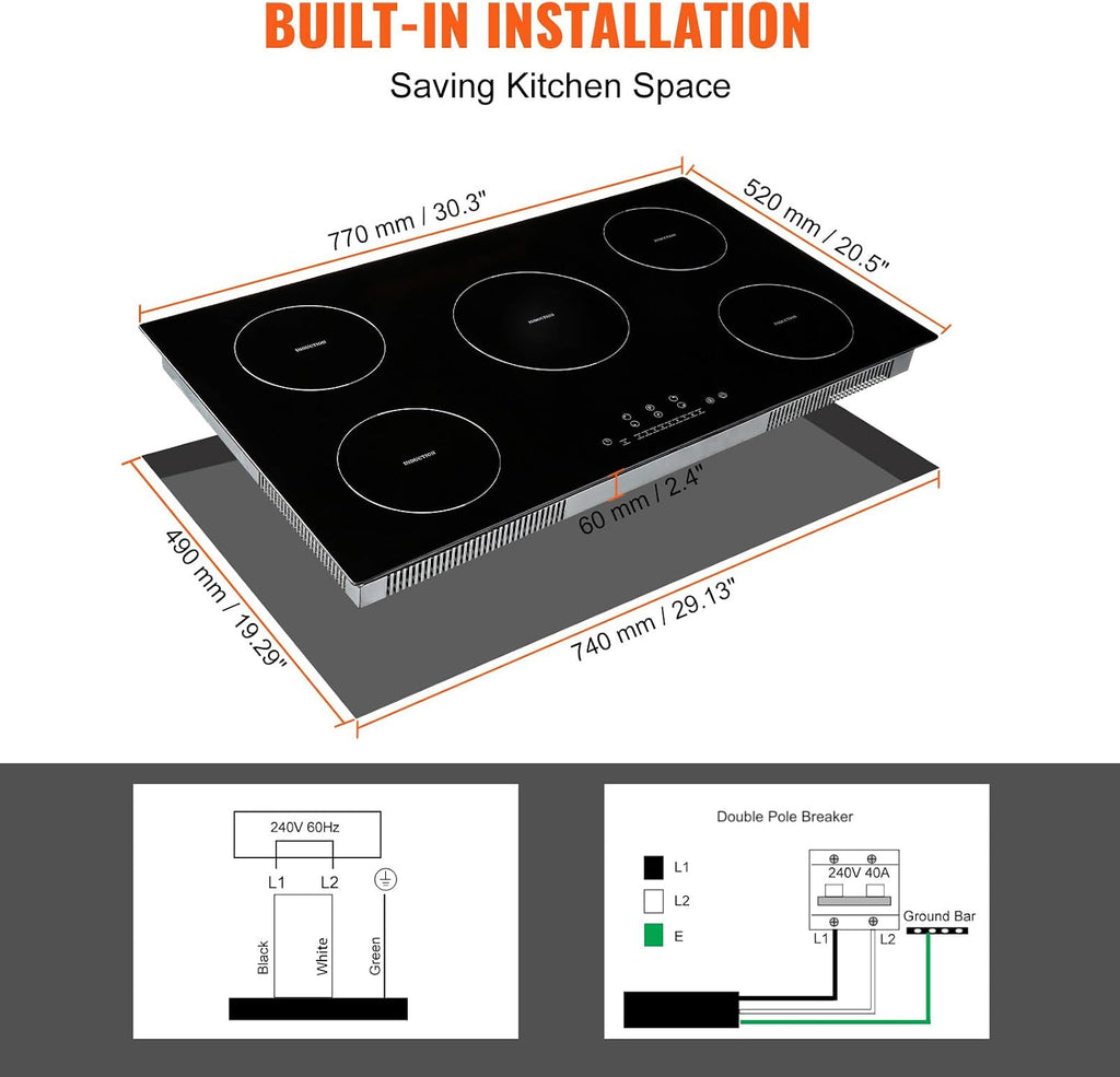 Happybuy Electric Cooktop, 5 Burners, 36'' Induction Stove Top, Built-in Magnetic Cooktop 9200W, 9 Heat Levels, Multifunctional Burner, LED Touch Controls with Child Lock & Overheat Protection