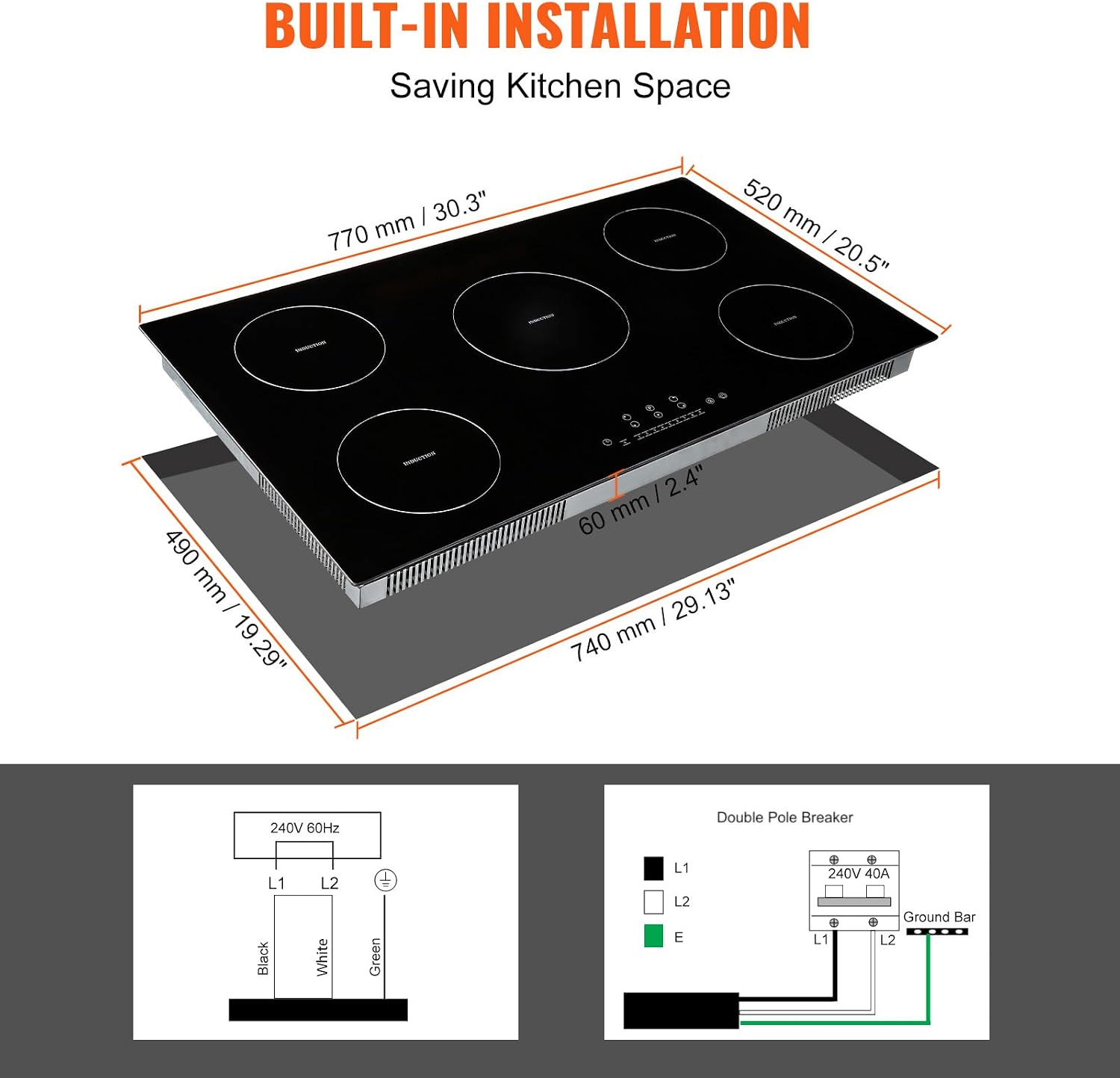 Happybuy Electric Cooktop, 5 Burners, 36'' Induction Stove Top, Built-in Magnetic Cooktop 9200W, 9 Heat Levels, Multifunctional Burner, LED Touch Controls with Child Lock & Overheat Protection