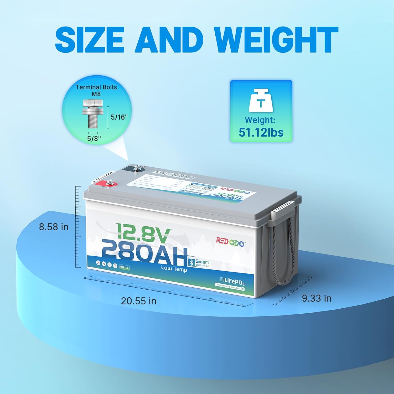 Redodo 12V 280Ah Bluetooth Lifepo4 Battery, Low Temp Cut-off Max 3584Wh Lithium Battery with 200A BMS, 4000+ Cycle, Ideal for Trolling motor, Marine, RV and Off Grid