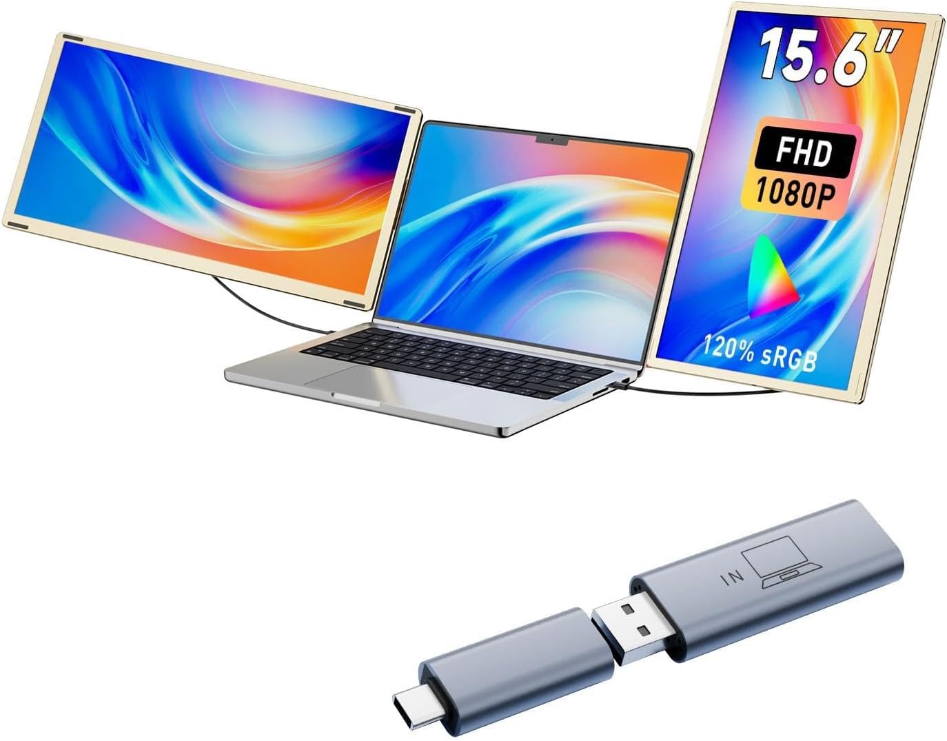 KEFEYA Laptop Screen Extender 15.6' Triple Monitor for Laptops 13-17.3', 120% sRGB 235° Rotation Detachable Laptop Monitor Extender for Windows/Mac/Dex/Chrome/Surface, H6 Adapter
