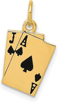 14k Yellow Gold Enamel Ace Jack Spades Blackjack Cards Charm | 20 x 11 mm size, black enamel accents, solid cast design, polished finish, textured back