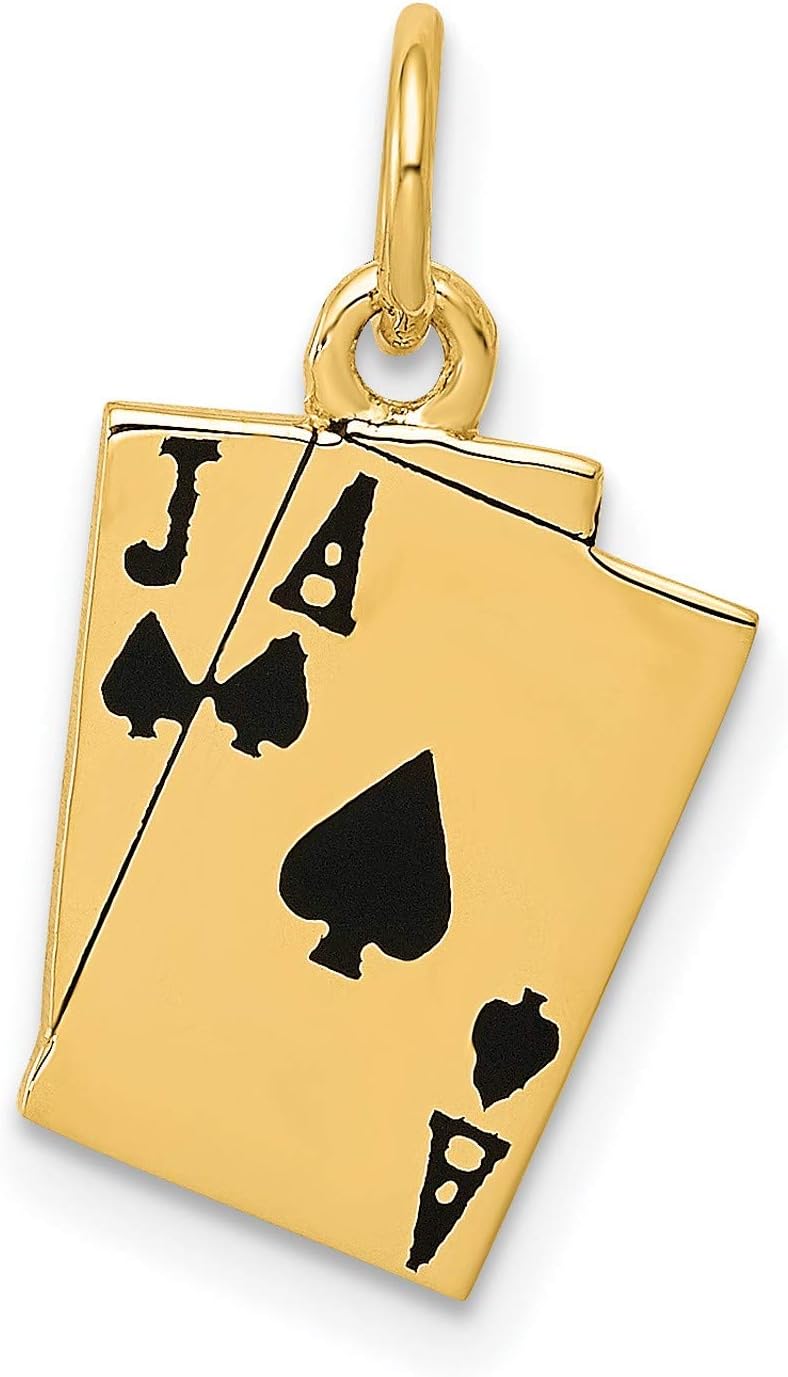 14k Yellow Gold Enamel Ace Jack Spades Blackjack Cards Charm | 20 x 11 mm size, black enamel accents, solid cast design, polished finish, textured back