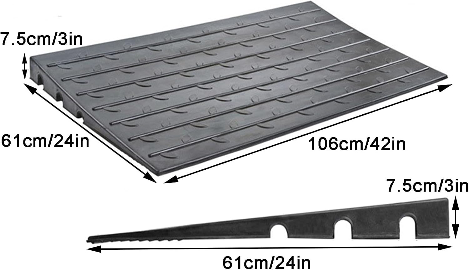 Curb Ramp Rubber 3' Rise Non-Slip Threshold Ramps with 3 Channels Cord Cover for Scooter Sweeping Carts in Doorways