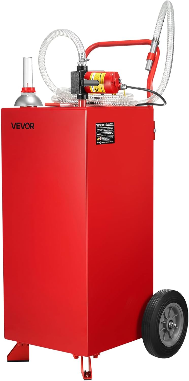VEVOR 30 Gallon Gas Caddy, Max Flow 32L/min, Diesel Tank with Electric Pump, Diesel Storage Tank with 2 Wheels & 10 ft Hose, Gas Container for ATV, Car, Mowers, Boat, Motorcycle, and More, Red