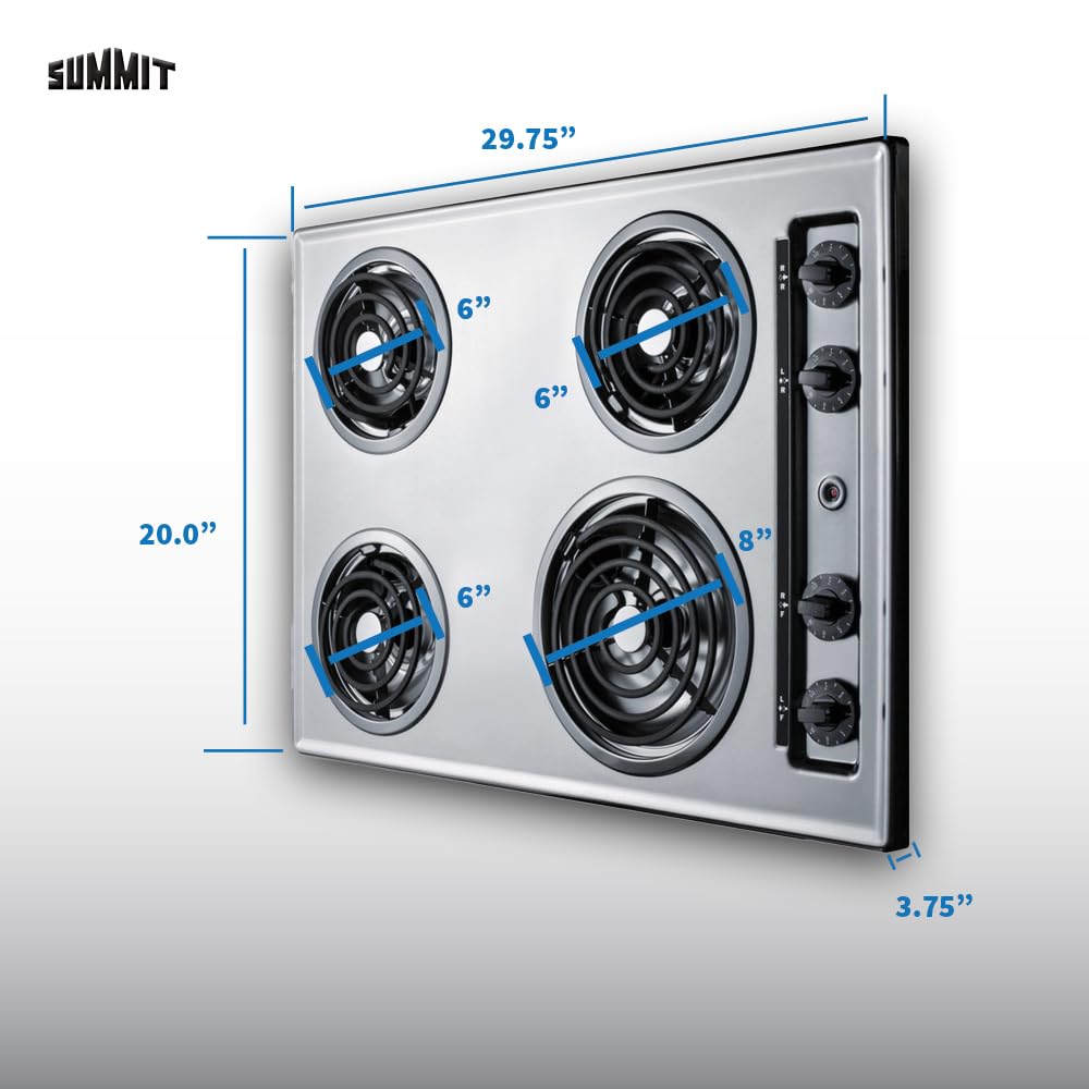 Summit 30' 4 Burner Electric Cooktop. 230 Volt Coil Electric Cooktop, Stainless Steel Look- ZEL05