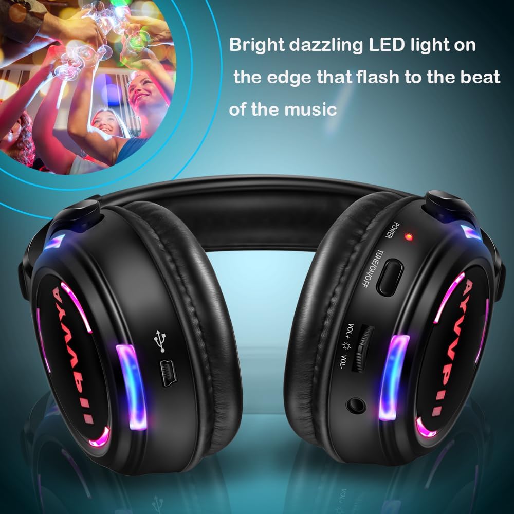 Rechargeable Wireless Silent Disco Headphones RF LED Flashing Light Headset 10pcs Headphones Bundle and 1 Transmitter 500m Distance