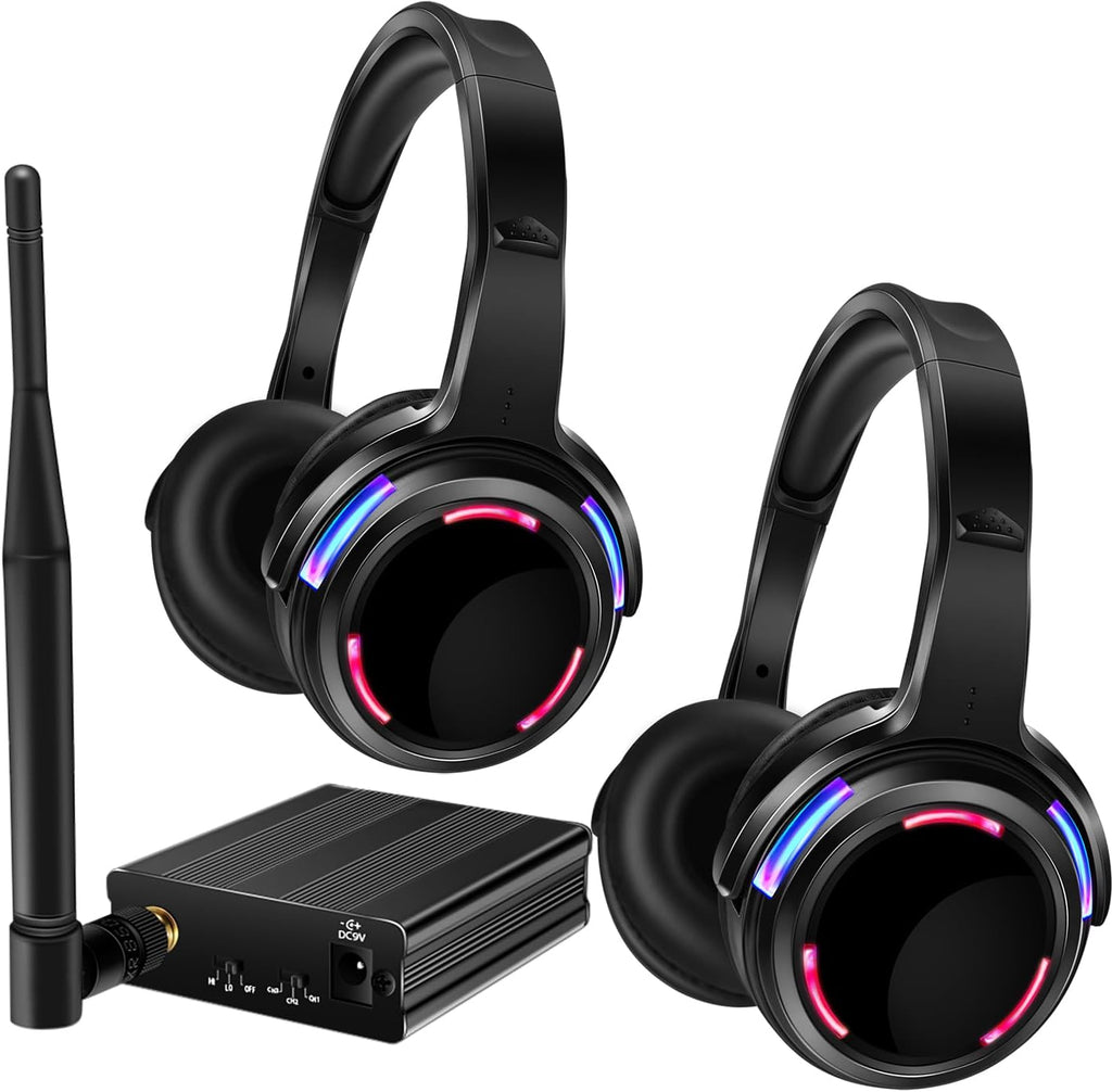 Professional Silent Disco LED Wireless Headphones and RF LED Silent Disco Earphones for iPod MP3 DJ Music Pary Club (2 led Headphone + 1 Transmitter)