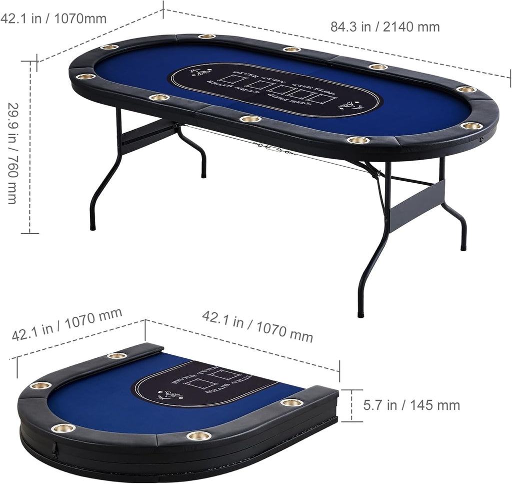 Happybuy 10 Player Foldable Poker Table, 84' Oval Card Table with Padded Rails & Stainless Steel Cup Holders, Portable Blackjack & Texas Hold'em Game Table