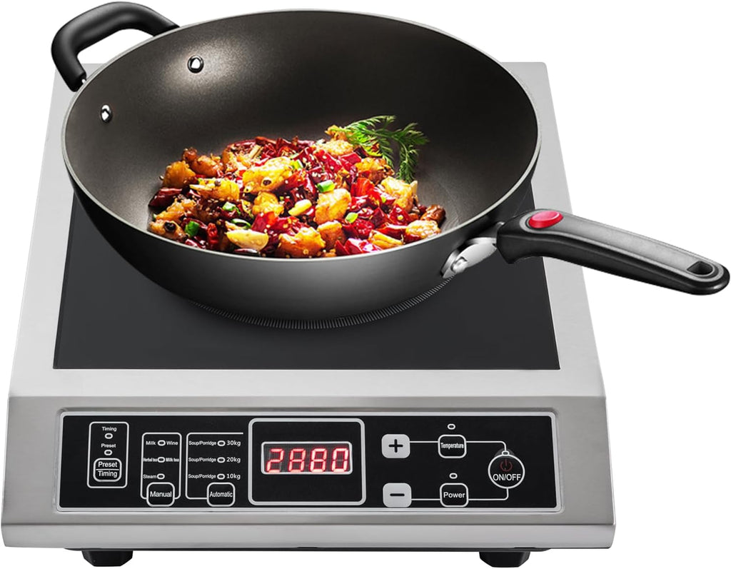 3500W Induction Cooktop Induction Cooker, Stainless Steel Commercial Grade Countertop Induction Cooker Professional Portable Electric Burner 8 Power&Temperature Settings LCD Screen