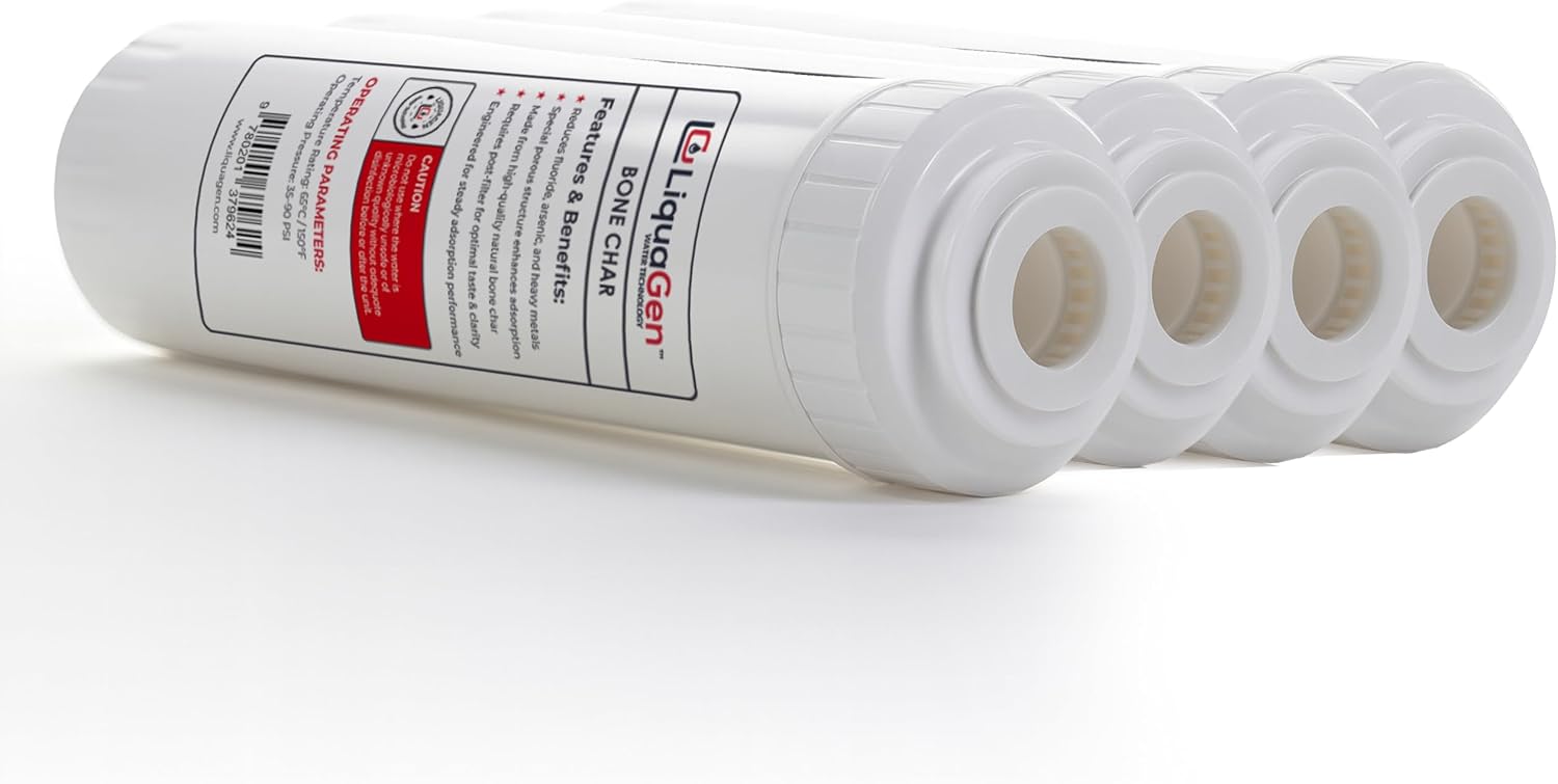 LiquaGen Bone Char Water Filter Replacement Cartridge – Helps Reduce Fluoride – Universal Refillable Filter for Whole House & Drinking Water – 2.5x10, 2.5x20, 4.5x10, 4.5x20 (4, 2.5' x 10')