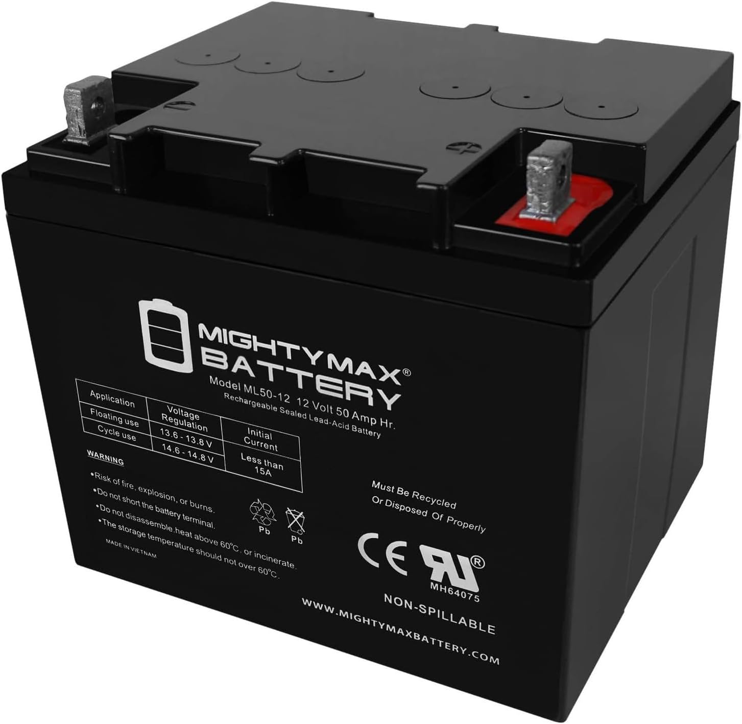Mighty Max ML50-12 -12 Volt 50 AH, Nut and Bolt (NB) Terminal, Rechargeable SLA AGM Battery