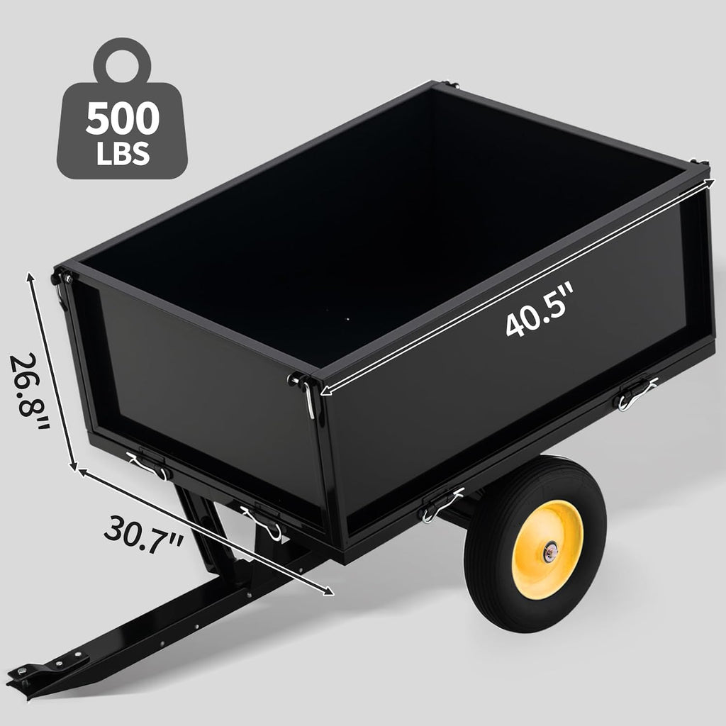 GAOMON 500LB Heavy Duty Tow Behind ATV Trailer Steel Dump Cart - 10-Cubic Feet Capacity - Garden Utility Trailer - Trailers with Removable Tailgate for Riding Lawn Mower Tractor