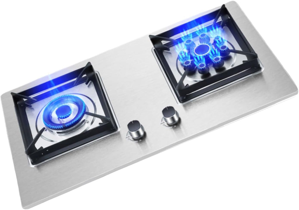 Portable Gas Stove,2 Burner Stainless Steel Cooktop,Square Stove Frame Pure Copper Fire Cover,LPG/NG Dual-purpose 5.2KW,for Home Outdoor Cooking(LPG)