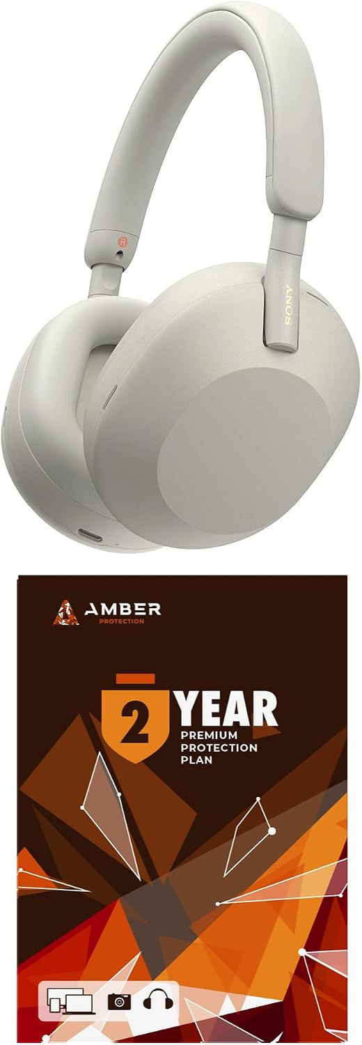 Sony WH-1000XM5-SILVER Wireless Over-Ear Noise Canceling Headphones - Silver with 2 Year Amber Protection Plan (2022)