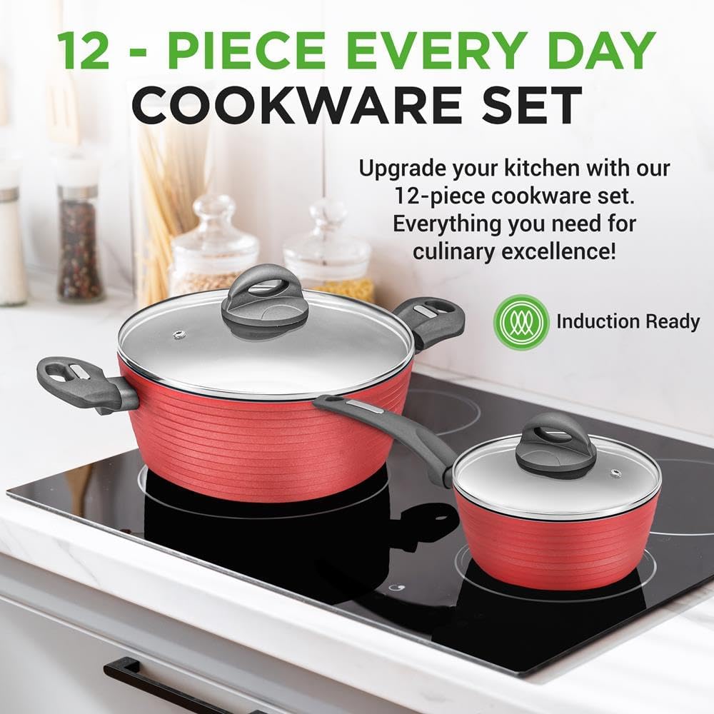 NutriChef Professional 12-Piece Red Nonstick Cookware Set - PFOA/PFOS-Free, Heat Resistant Lacquer, Elegant Design, Multi-Sized Pots and Pans