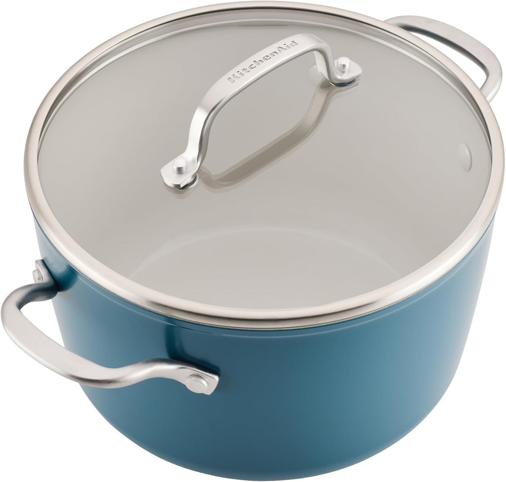 KitchenAid Hard Anodized Ceramic Induction Nonstick Pots and Pans Set with Saucepans, Frying Pans, Stockpot, and Lids, Dishwasher Safe, 9 Piece Cookware Set with Stainless Steel Handles - Agave Blue