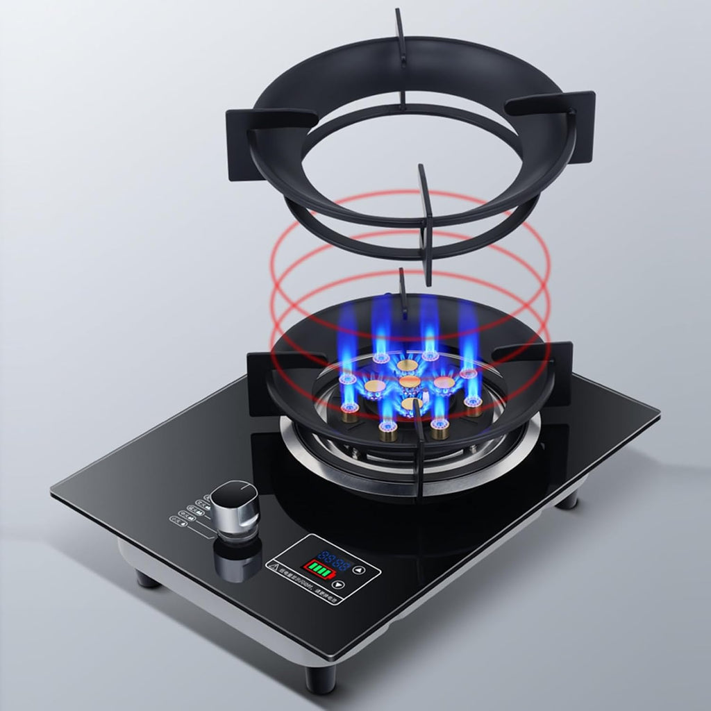 Gas Cooker 1 Burner,5.2KW 9-Chamber Fire Ring Frying Pan,Tempered Glass Dining Table Cooking,with Flameout Protection and Timer,NG/LPG Gas Conversion(LPG)