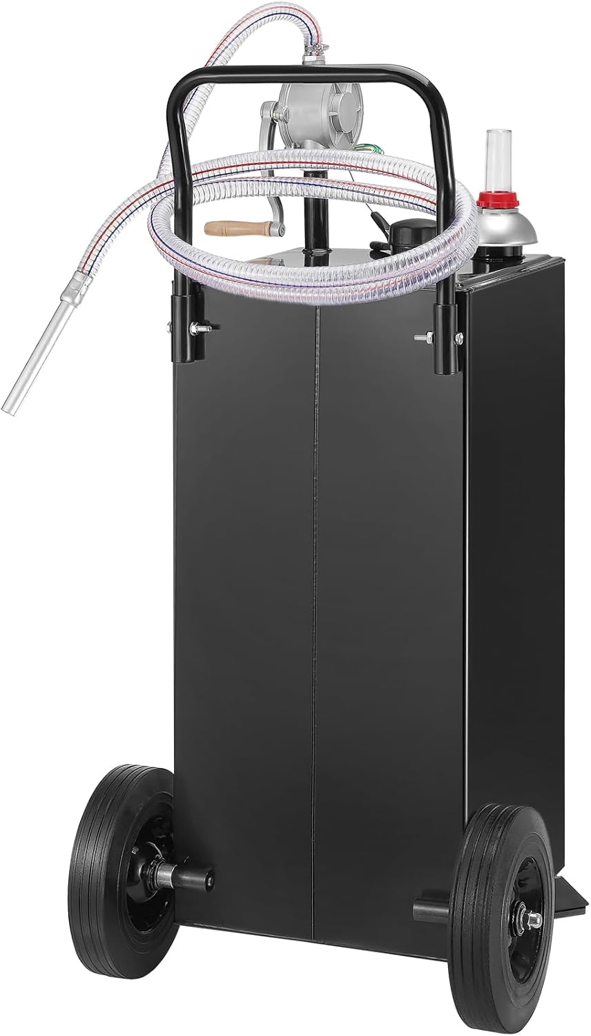 VEVOR 30 Gallon Gas Caddy - Portable Fuel Storage Tank with 2 Wheels & Manual Transfer Pump, Diesel & Gasoline Fuel Container for Cars, Lawn Mowers, ATVs, Boats, Black