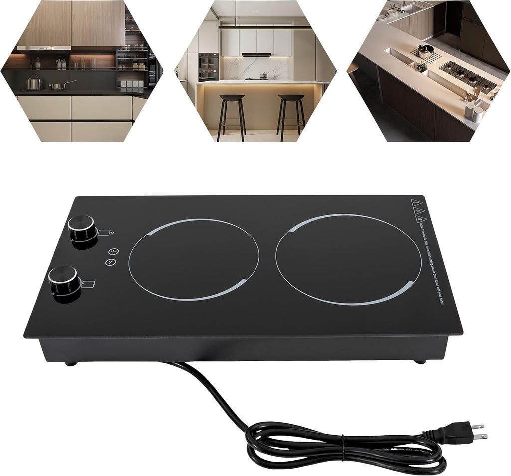 Electric Cooktop, Double Induction cooktop 110-120V Desktop and Built-In Stove Top with Timer & Knob Control, 2100W Ceramic Cooker Heater with 9 Power Levels for Kitchen Cooking