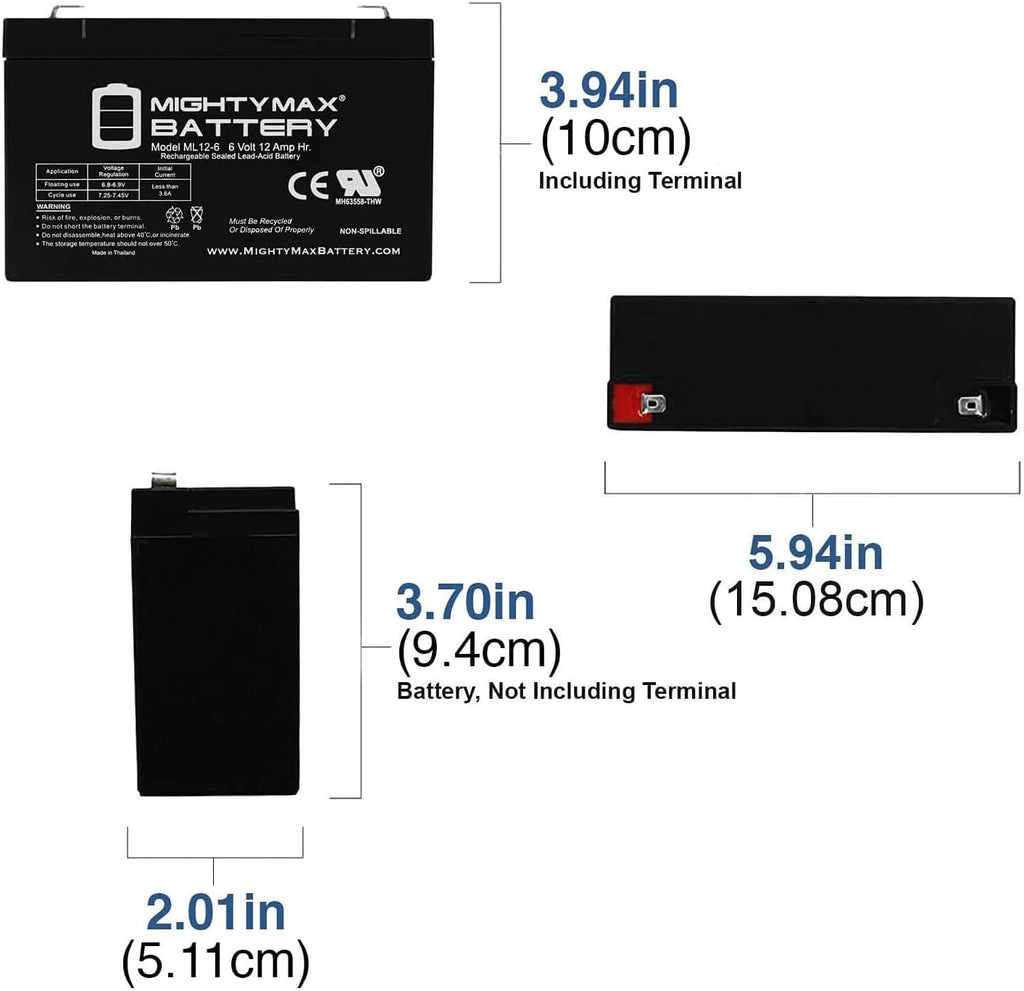 Mighty Max Battery ML12-6F2-6 Volt 12 AH, F2 Terminal, Rechargeable SLA AGM Battery- PACK OF 10
