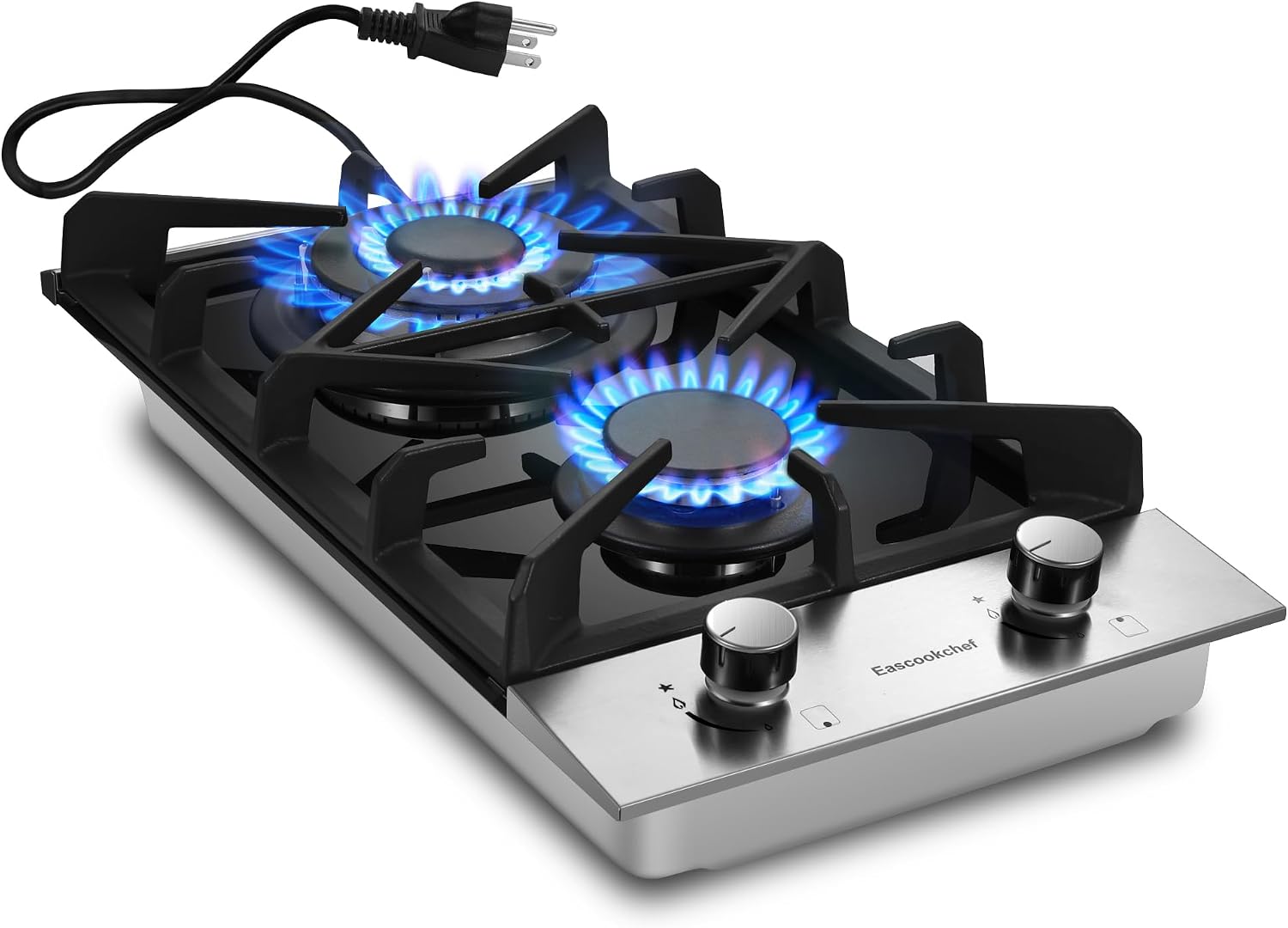 Eascookchef 2 Burner Gas Cooktop, 12 inch LPG/NG Dual Fuel Built-in Gas Stove Top, Black Tempered Glass Stove, Propane Cooktop for Apartment, Outdoor, RV, With Thermocouple Protection