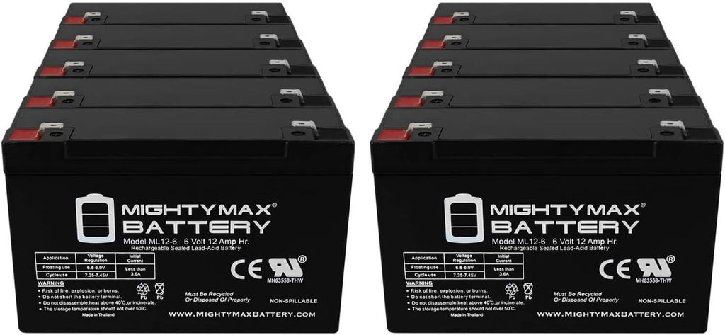 Mighty Max Battery ML12-6F2-6 Volt 12 AH, F2 Terminal, Rechargeable SLA AGM Battery- PACK OF 10