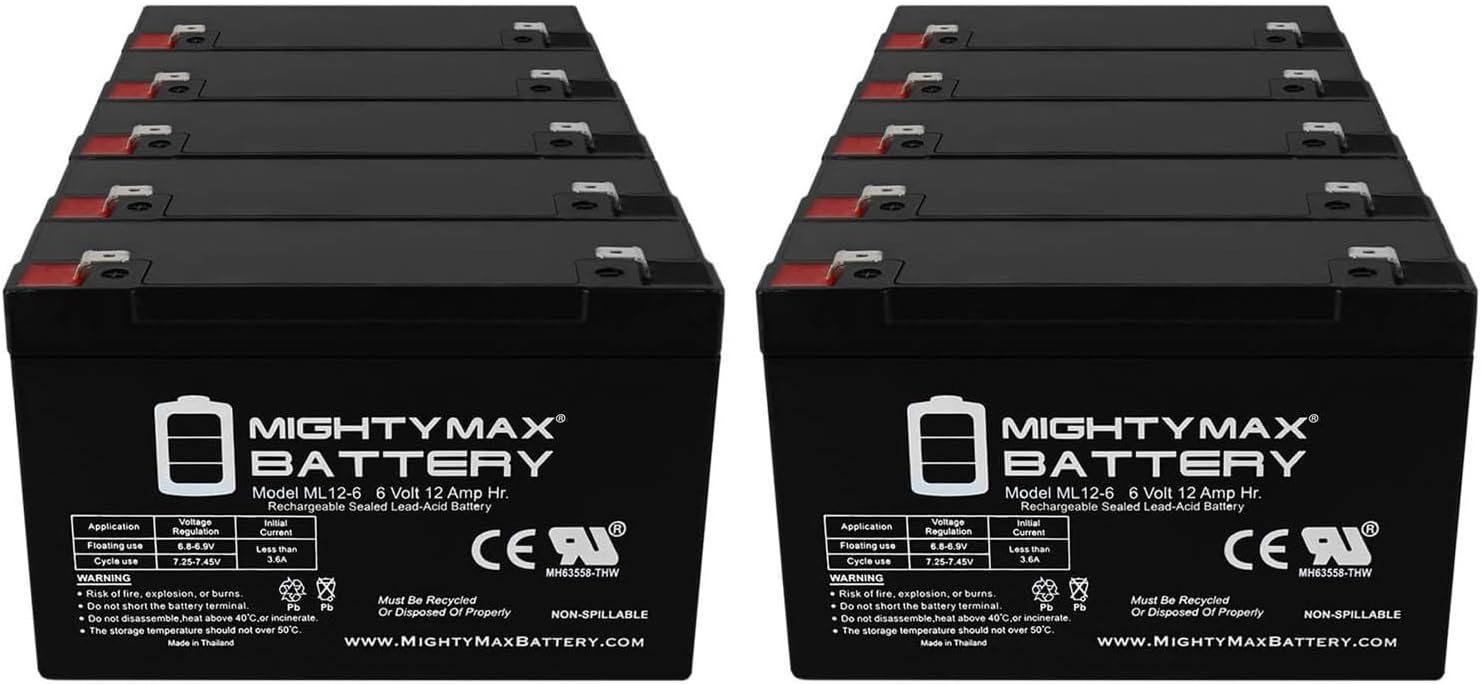 Mighty Max Battery ML12-6F2-6 Volt 12 AH, F2 Terminal, Rechargeable SLA AGM Battery- PACK OF 10