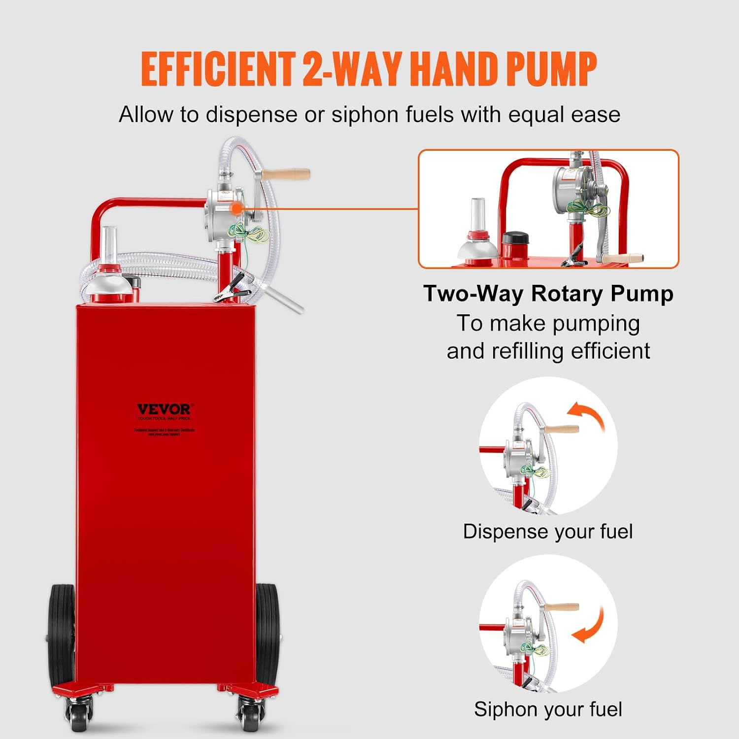 VEVOR 30 Gallon Fuel Caddy, Gas Storage Tank & 4 Wheels, with Manual Transfer Pump, Gasoline Diesel Fuel Container for Cars, Lawn Mowers, ATVs, Boats, More, Red