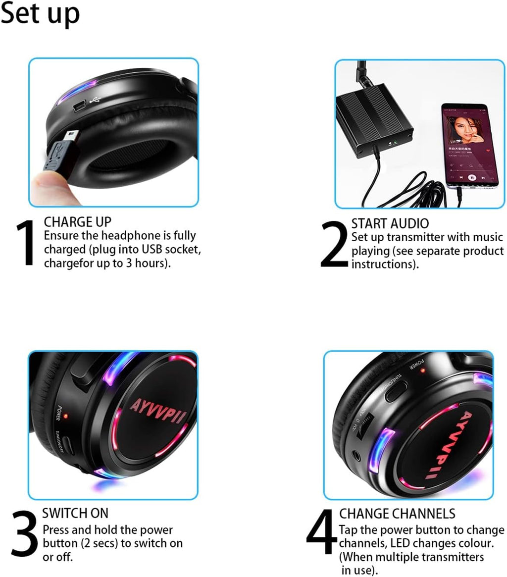 Rechargeable Wireless Silent Disco Headphones RF LED Flashing Light Headset 10pcs Headphones Bundle and 1 Transmitter 500m Distance