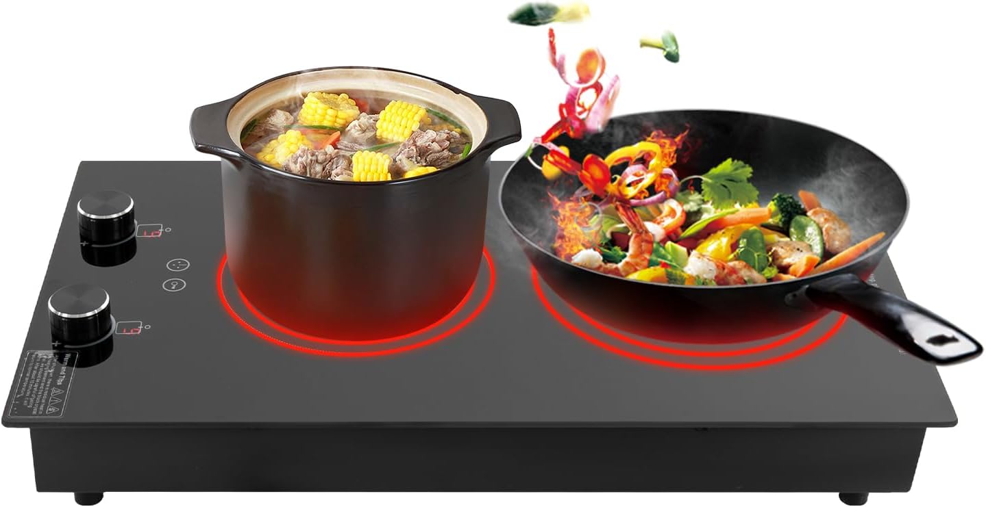 Electric Hob Cook Top Stove,110V Induction Cooktop, Electric Stove, 2 Burners Ceramic with Knob Control, Cooktop Timer