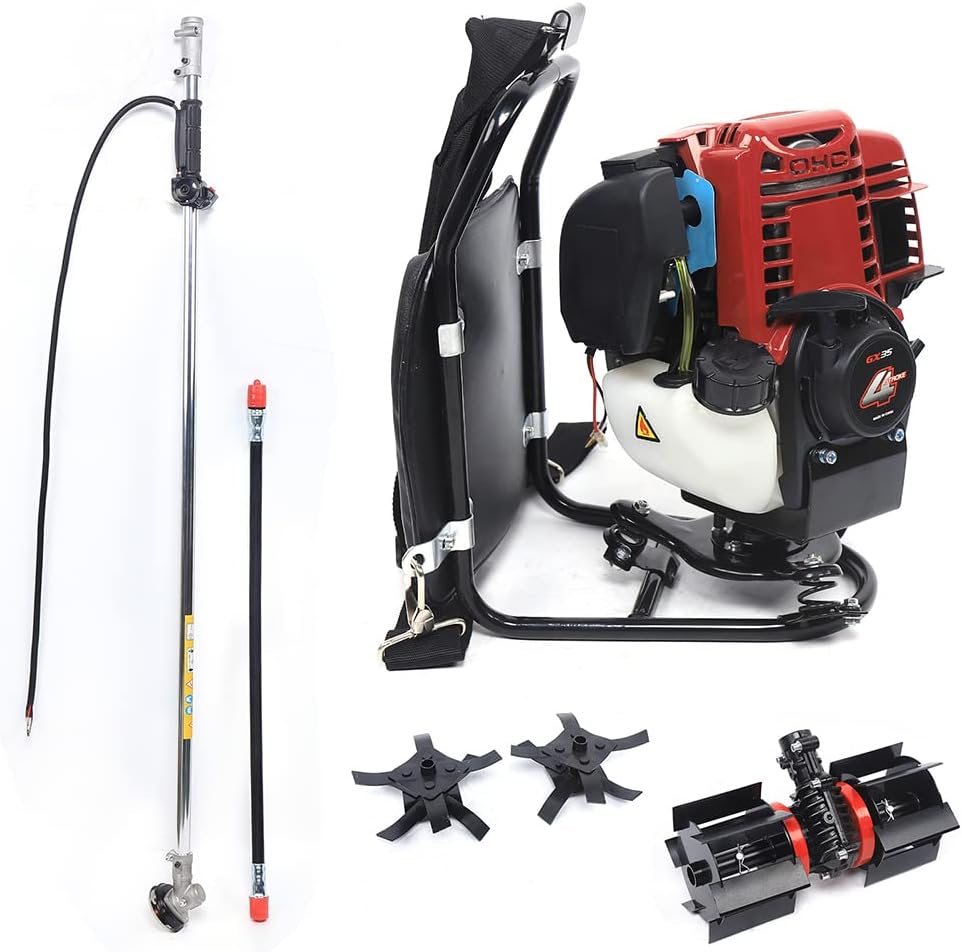 Backpack Gas Garden Brush Cutter Tiller, 3 in 1 35.4CC 4 Stroke Lawn Mower Brush Cutter Grass Hedge Trimmer, Cultivator Lawn Mower for Farmland Weeding Harvesting Clearing Ditching (4-stroke)