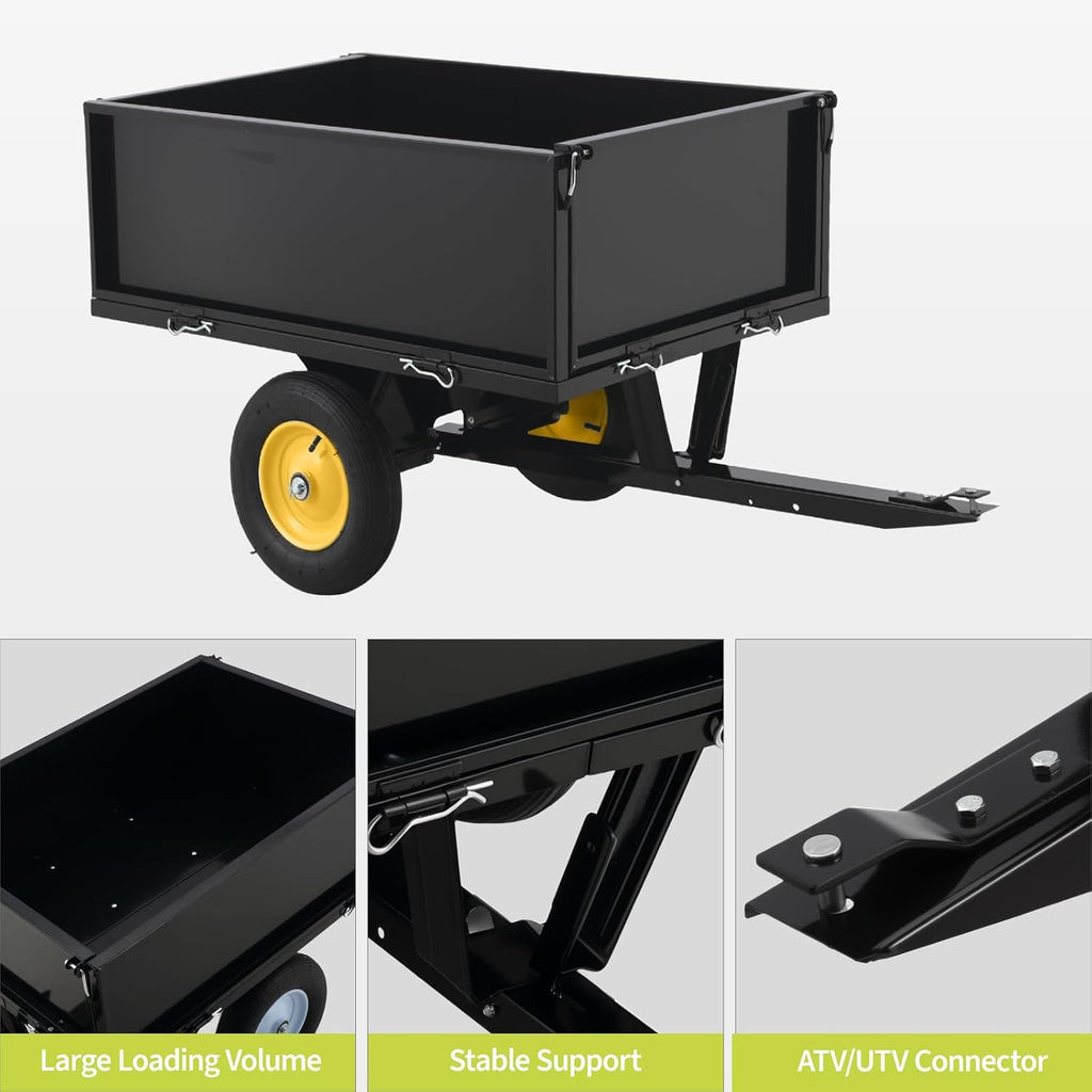 GAOMON 500LB Heavy Duty Tow Behind ATV Trailer Steel Dump Cart - 10-Cubic Feet Capacity - Garden Utility Trailer - Trailers with Removable Tailgate for Riding Lawn Mower Tractor
