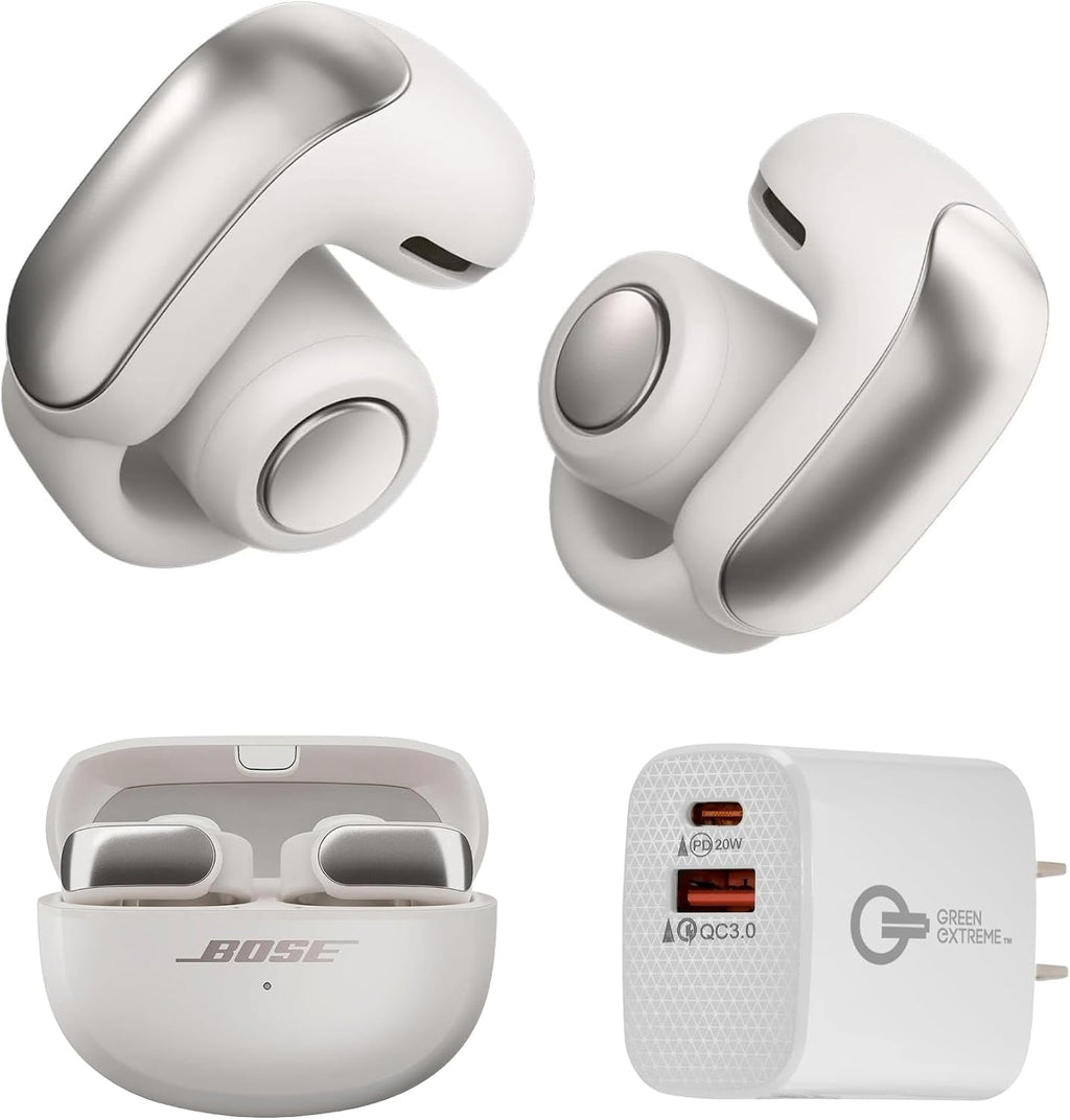 Bose Ultra Open Bluetooth Earbuds, True Wireless Earbuds with OpenAudio for Awareness, Clip On Design for Comfort, Immersive Audio, Up to 48 Hrs of Playtime + 20W Wall Charger (Smoke White)