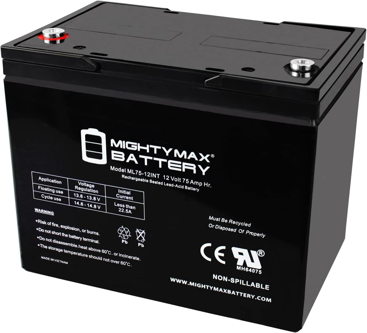 ML75-12INT -12 Volt 75 AH, Internal Thread (INT) Terminal, Rechargeable SLA AGM Battery
