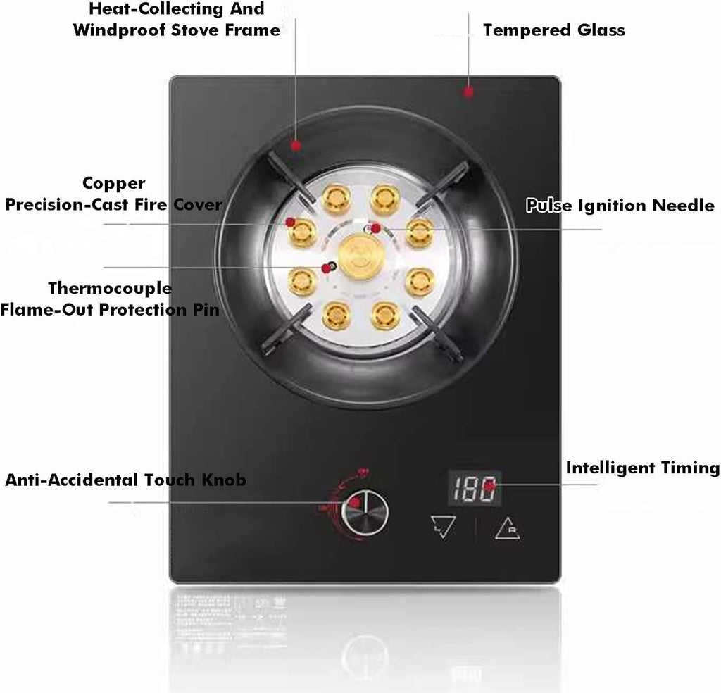 Single Burner Gas Stove,5.2KW Nine-Cavity High-fire Timer,Tempered Glass Top Cooking,with Flameout Protection,for Natural Gas/liquefied Petroleum Gas(NG)