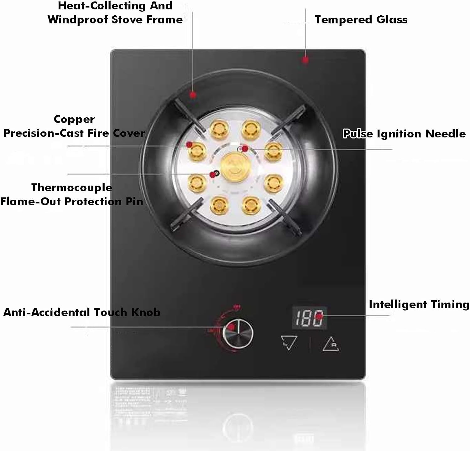 Single Burner Gas Stove,5.2KW Nine-Cavity High-fire Timer,Tempered Glass Top Cooking,with Flameout Protection,for Natural Gas/liquefied Petroleum Gas(NG)