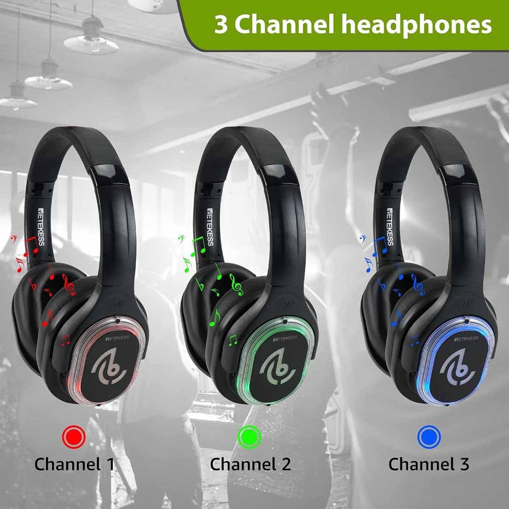 Retekess TA004 Silent Disco Headphone System, Wireless Silent Disco LED Light Headphones, 3 Channels, Hi-Fi Sound Quality, Silent Party Headphones for DJ, Music Events, Festivals (10 Pack)