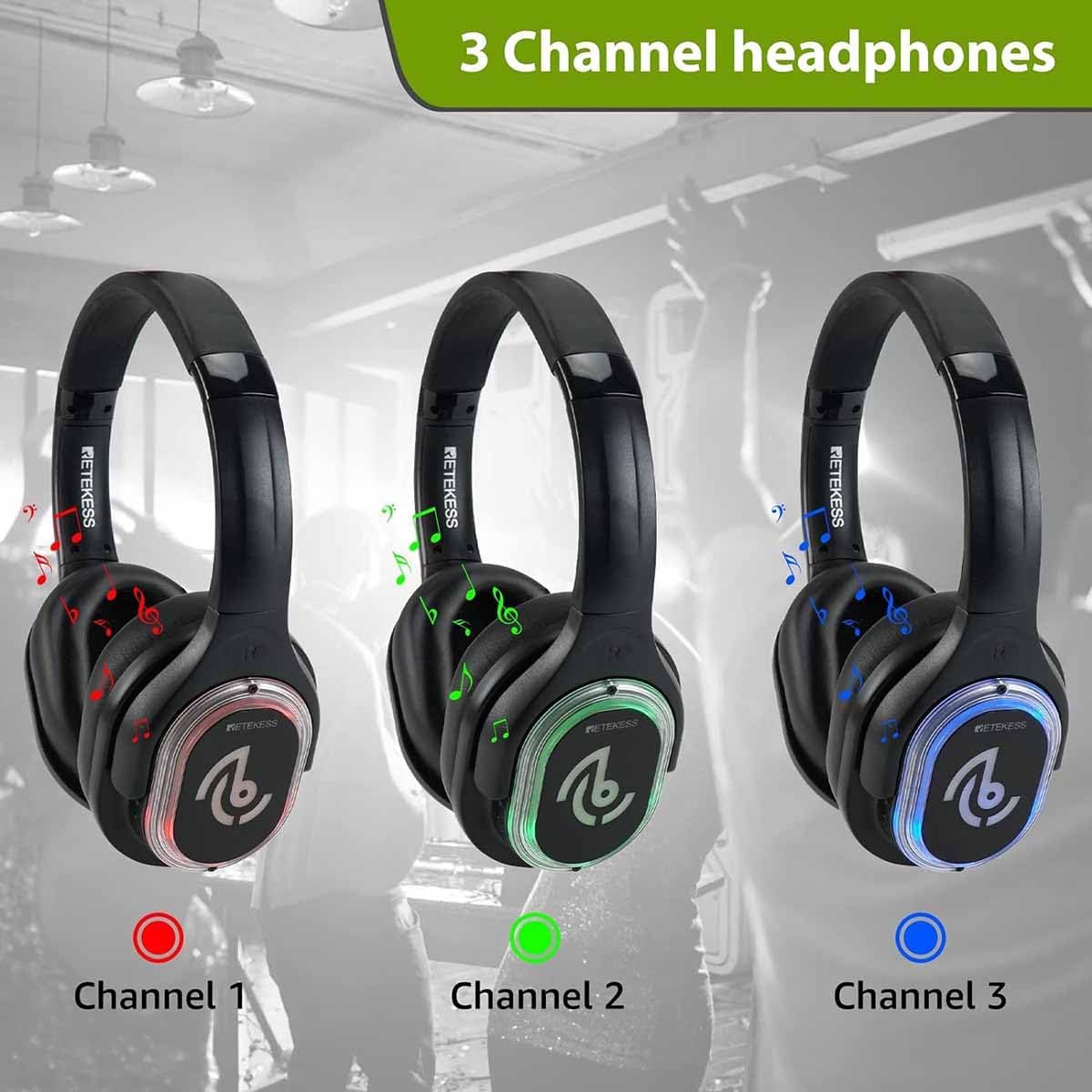 Retekess TA004 Silent Disco Headphone System, Wireless Silent Disco LED Light Headphones, 3 Channels, Hi-Fi Sound Quality, Silent Party Headphones for DJ, Music Events, Festivals (10 Pack)
