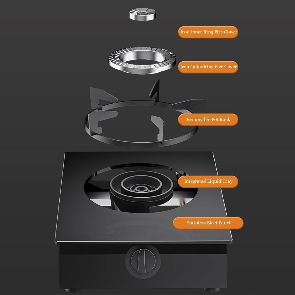 Gas Cooker 1 Burner,4.2KW Gas Stove,Gas/LP Gas Conversion Stove,Tempered Glass Cast Iron Pot Rack,with Flameout Protection,for Home Kitchen(LPG)