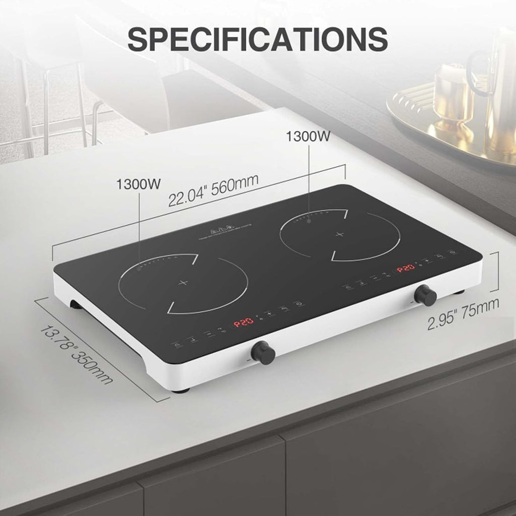 Electric Cooktop, Portable Induction Cooker with 2 Independent Controls, 100°F-575°F Temperature Adjustment, 1300W - Multiple Power Levels, 240Min Timer
