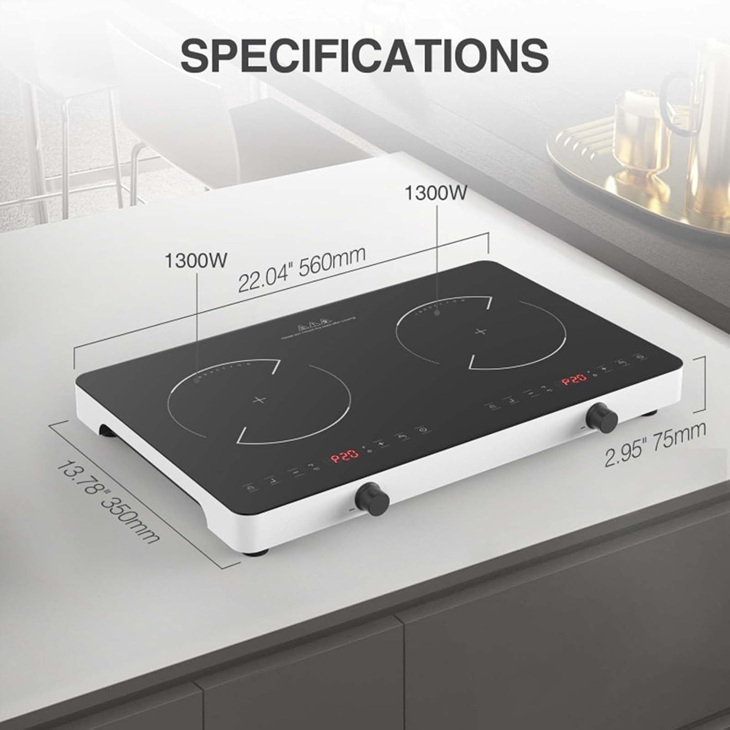 Electric Cooktop, Portable Induction Cooker with 2 Independent Controls, 100°F-575°F Temperature Adjustment, 1300W - Multiple Power Levels, 240Min Timer