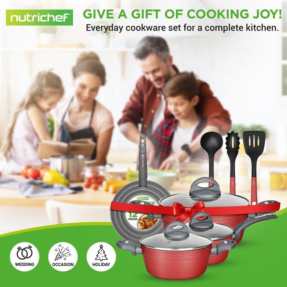 NutriChef Professional 12-Piece Red Nonstick Cookware Set - PFOA/PFOS-Free, Heat Resistant Lacquer, Elegant Design, Multi-Sized Pots and Pans